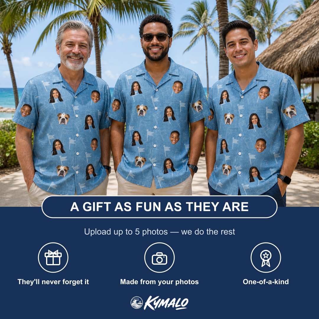 Friends in matching Men's Bunker Badges Custom Face Hawaiian Shirt — a group gift photo