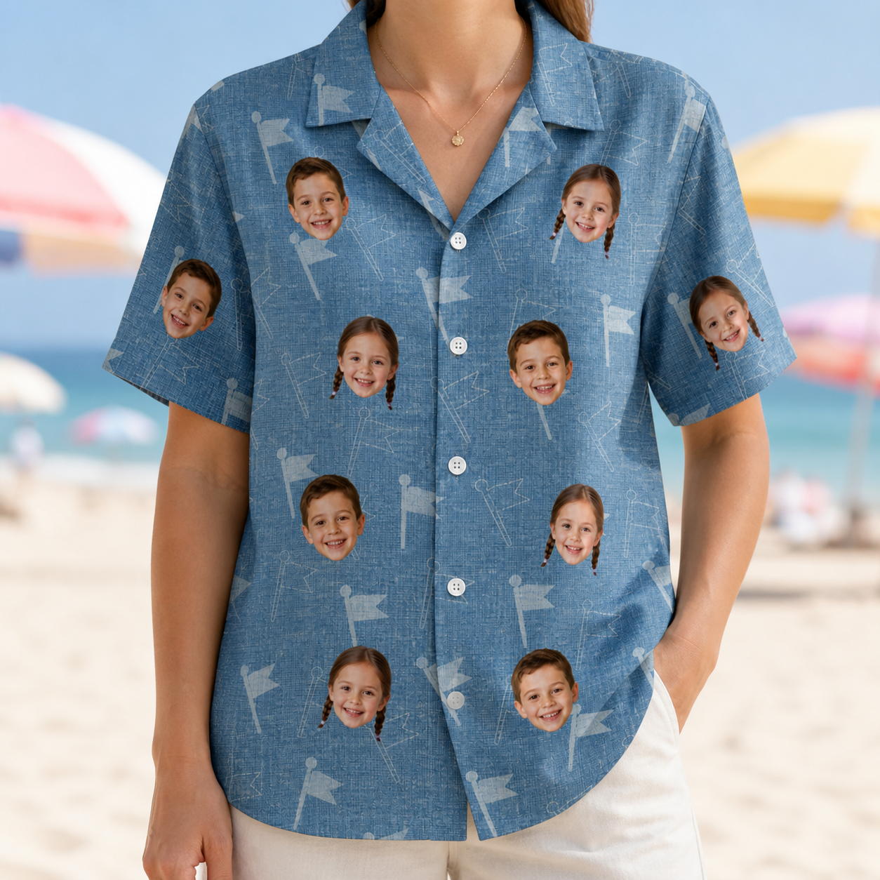 Model wearing Women's Bunker Badges Custom Face Hawaiian Shirt printed with kids' faces
