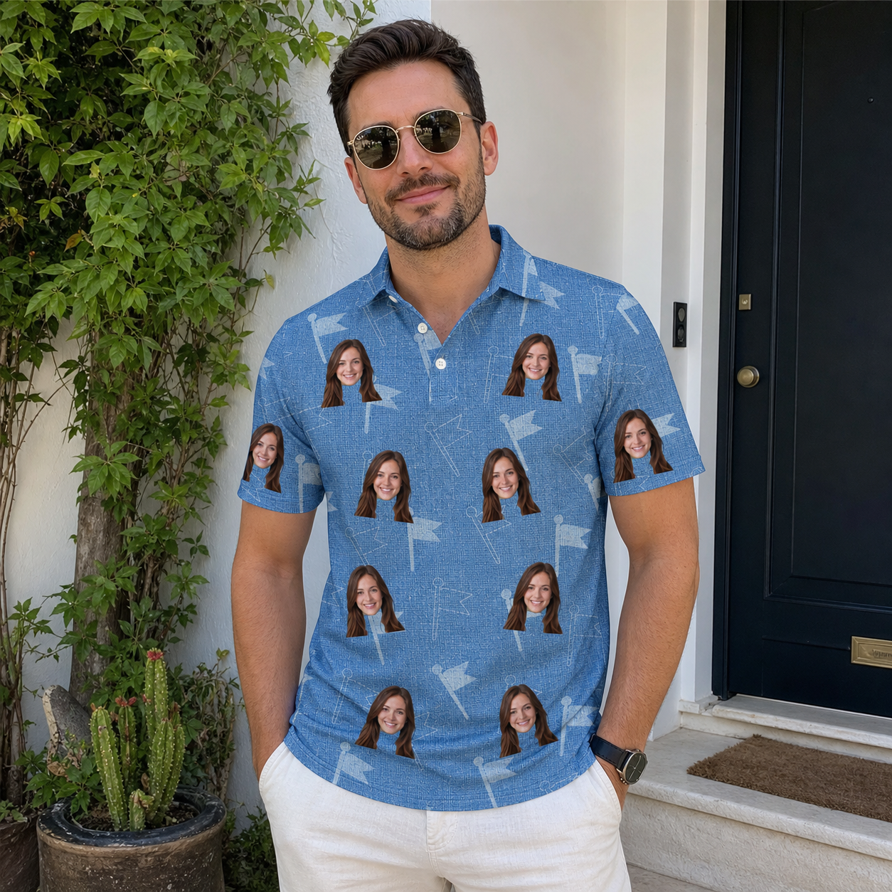 Real-life photo of someone wearing Men's Bunker Badges Custom Face Polo Shirt — custom faces printed all-over