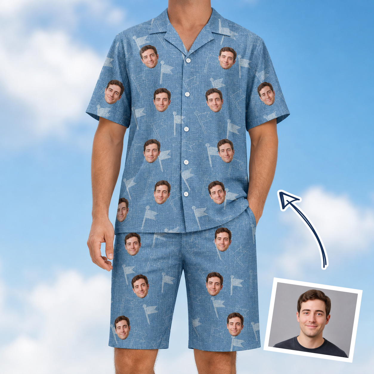 Man wearing Men's Bunker Badges Custom Face Shirt & Shorts Set — custom faces printed all-over