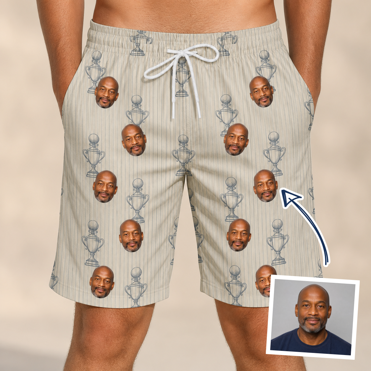 Man wearing Men's Podium Putters Custom Face Beach Shorts — custom faces printed all-over