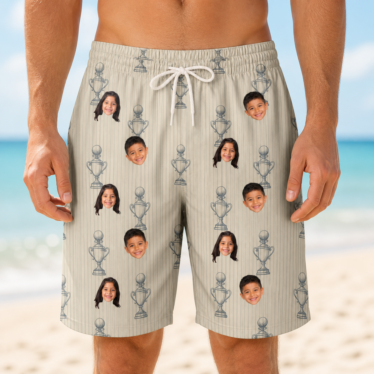 Model wearing Men's Podium Putters Custom Face Beach Shorts printed with kids' faces