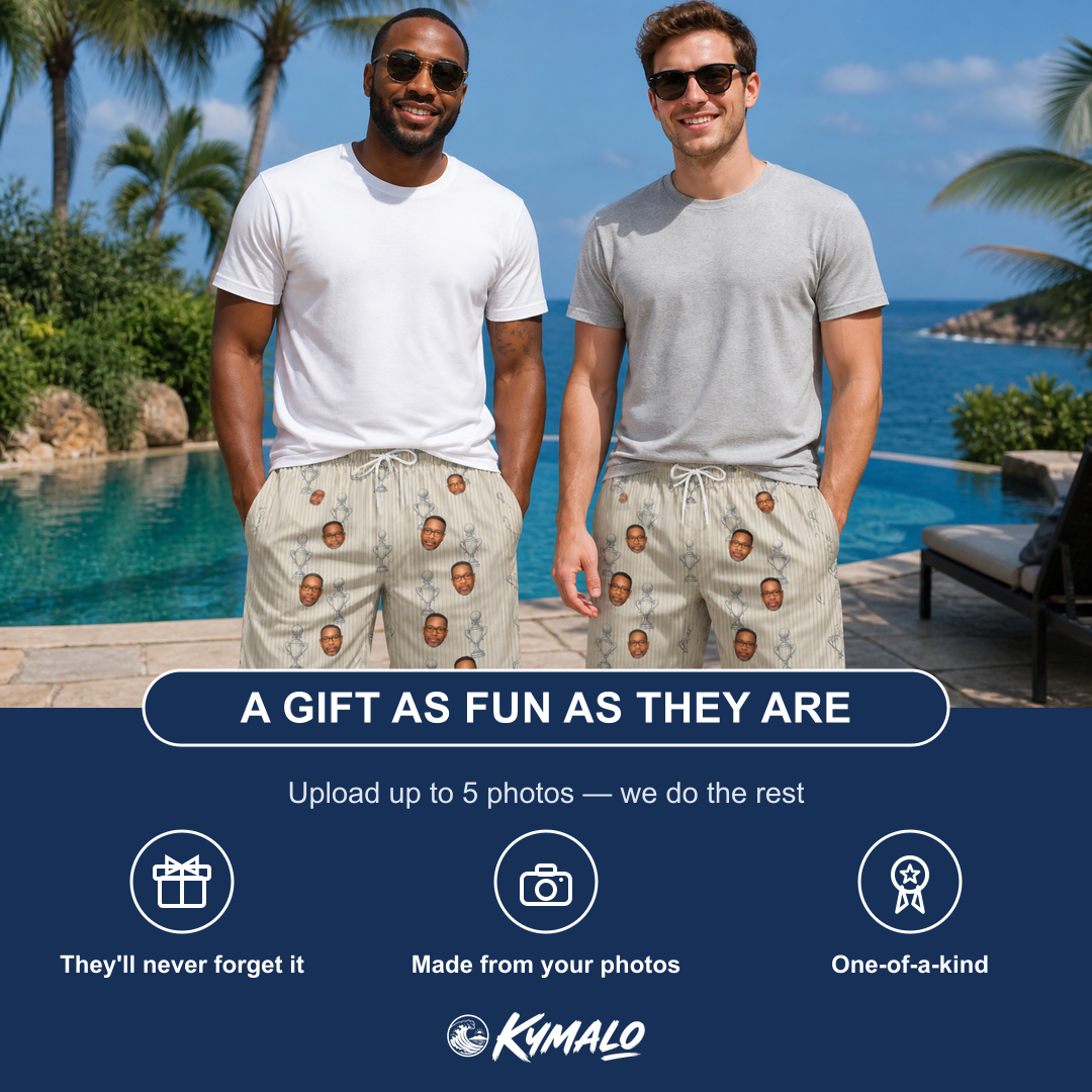 Friends in matching Men's Podium Putters Custom Face Beach Shorts — a group gift photo