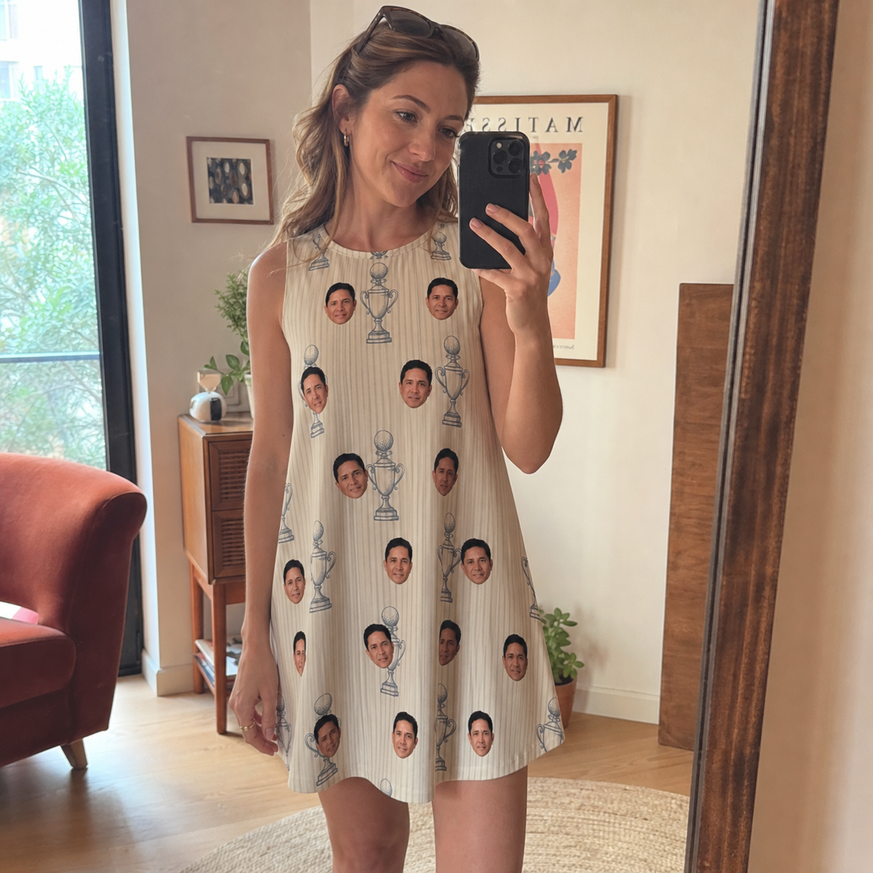 Real-life photo of someone wearing Women's Podium Putters Custom Face Tank Dress — custom faces printed all-over