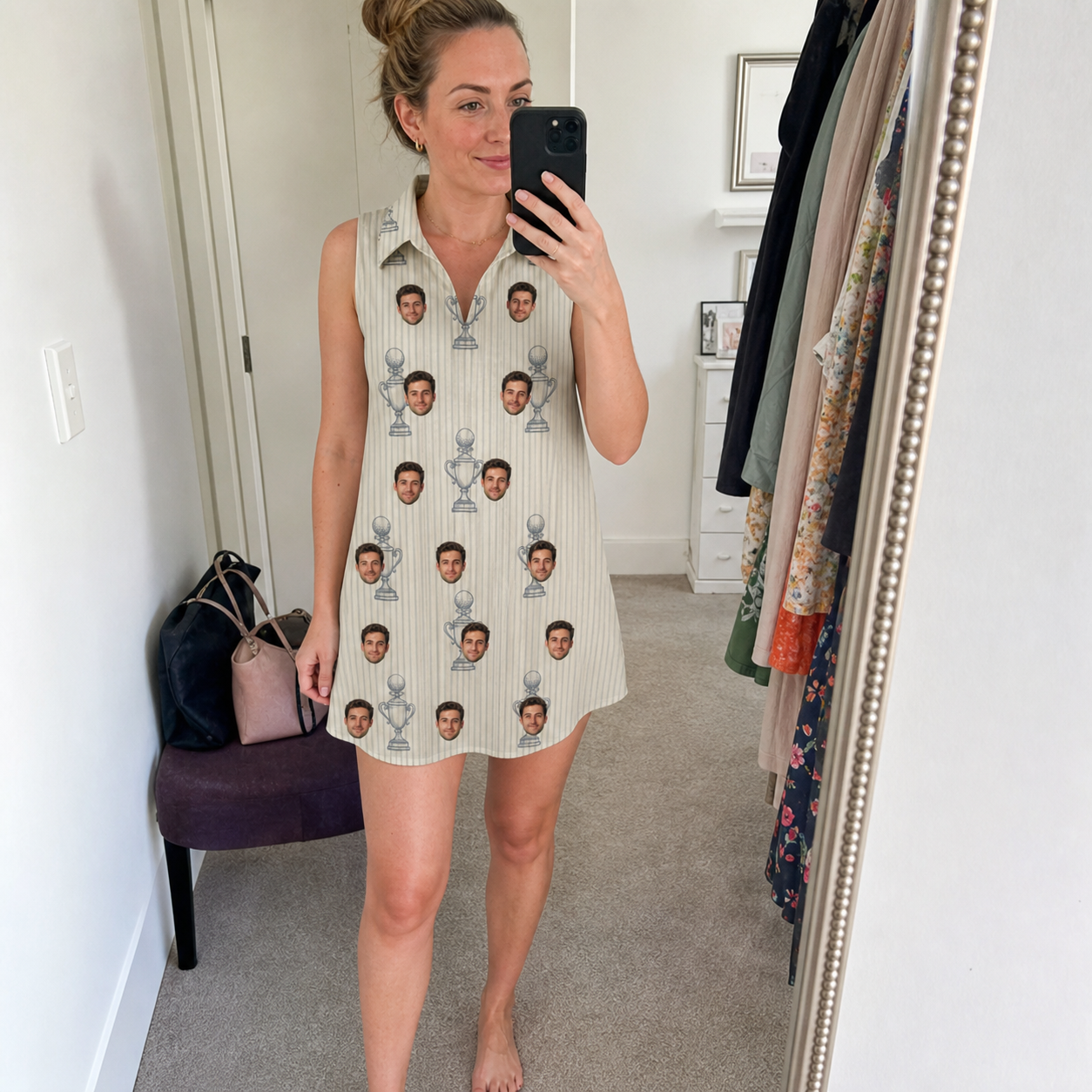 Real-life photo of someone wearing Women's Podium Putters Custom Face V-Neck Dress — custom faces printed all-over