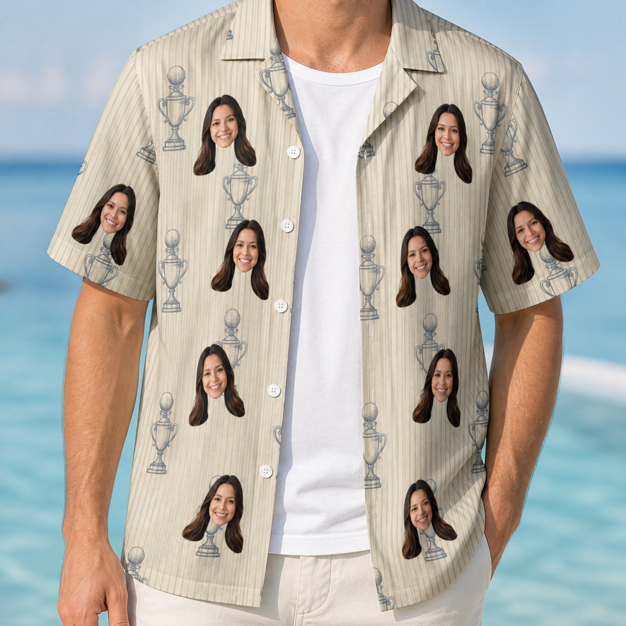Man wearing Men's Podium Putters Custom Face Hawaiian Shirt open over a white tee