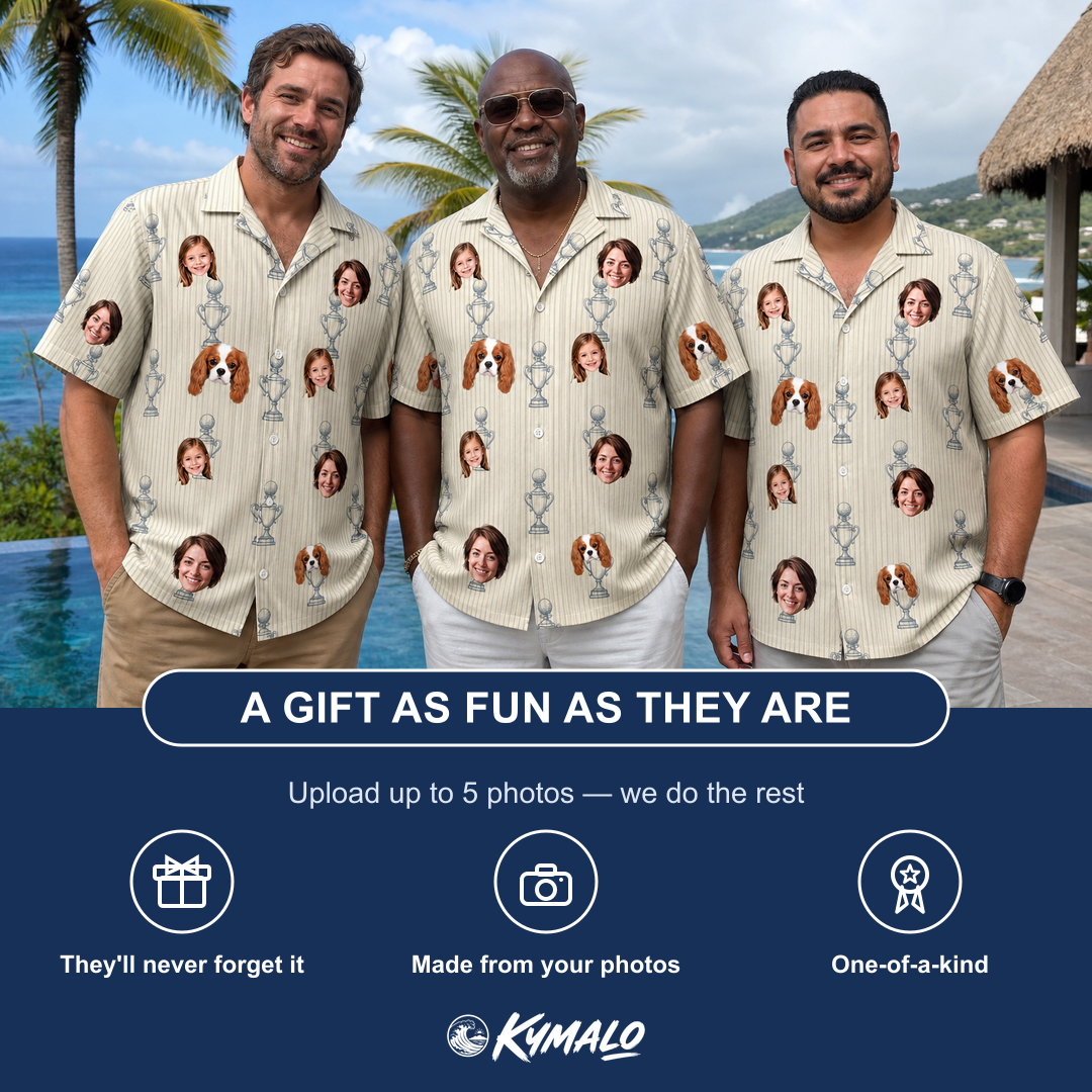 Friends in matching Men's Podium Putters Custom Face Hawaiian Shirt — a group gift photo