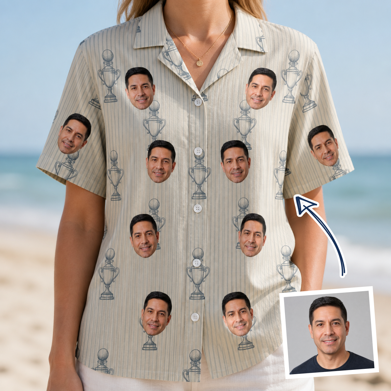 Woman wearing Women's Podium Putters Custom Face Hawaiian Shirt — custom faces printed all-over