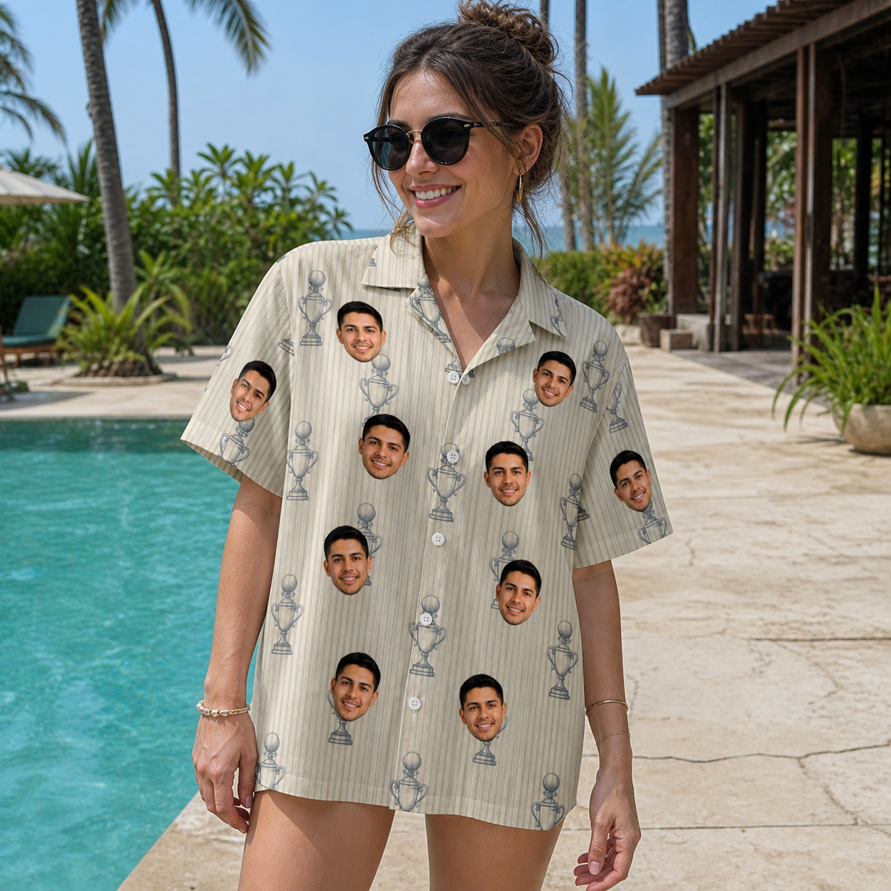 Real-life photo of someone wearing Women's Podium Putters Custom Face Hawaiian Shirt — custom faces printed all-over