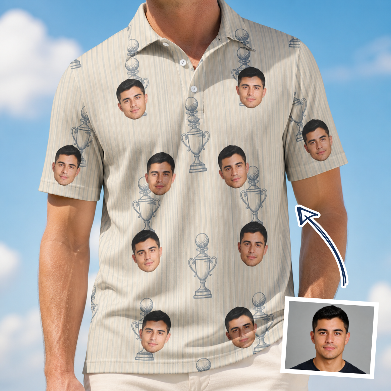 Man wearing Men's Podium Putters Custom Face Polo Shirt — custom faces printed all-over