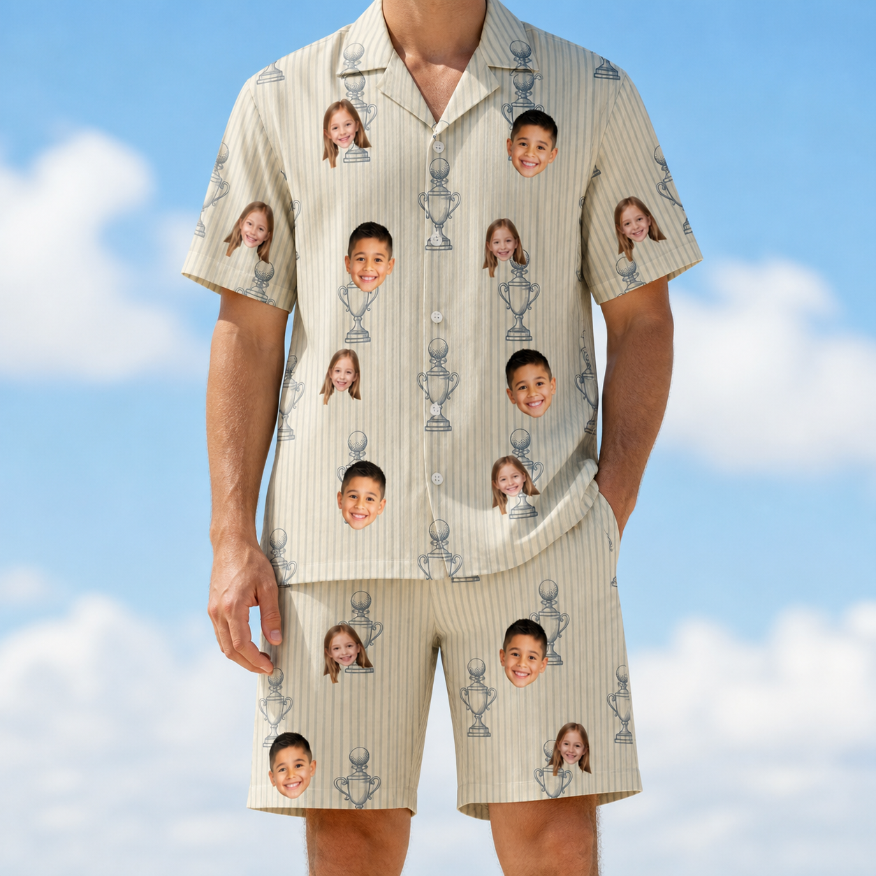 Model wearing Men's Podium Putters Custom Face Shirt & Shorts Set printed with kids' faces
