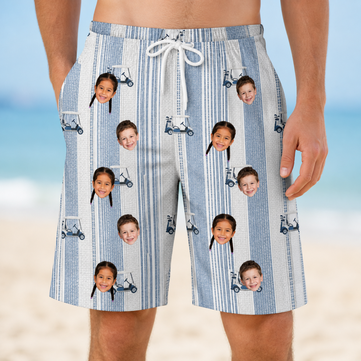 Model wearing Men's Foreward Motion Custom Face Beach Shorts printed with kids' faces