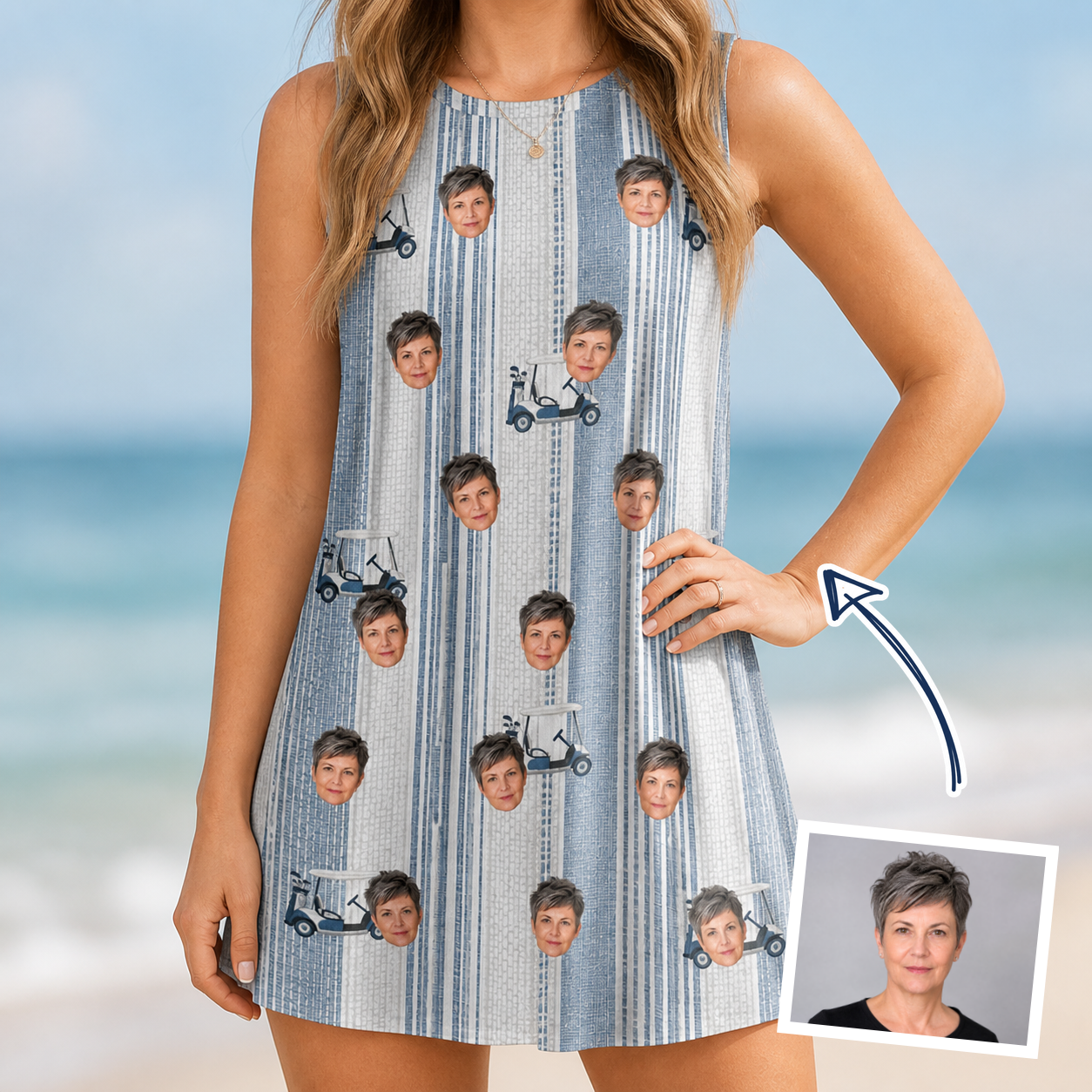 Woman wearing Women's Foreward Motion Custom Face Tank Dress — custom faces printed all-over