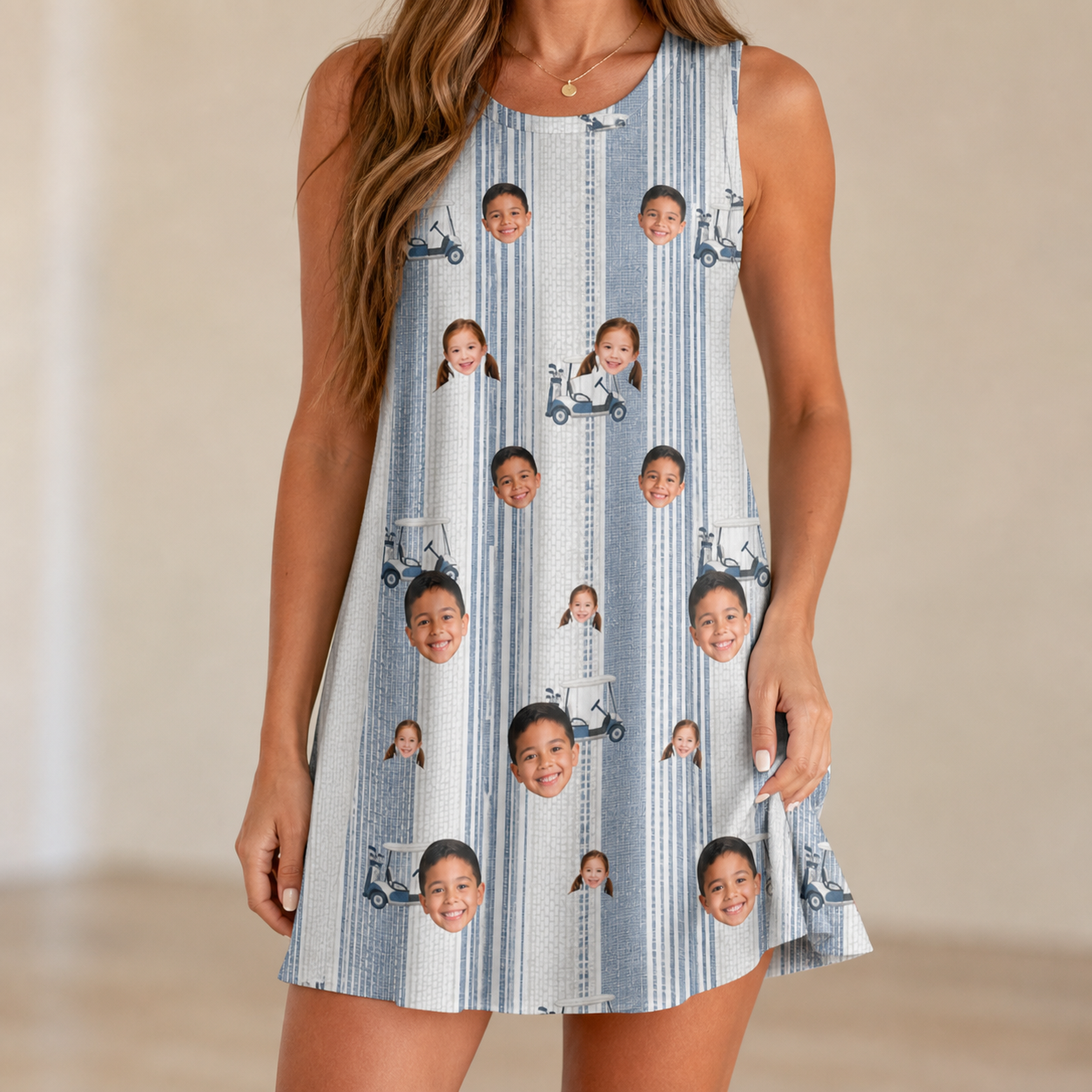 Model wearing Women's Foreward Motion Custom Face Tank Dress printed with kids' faces