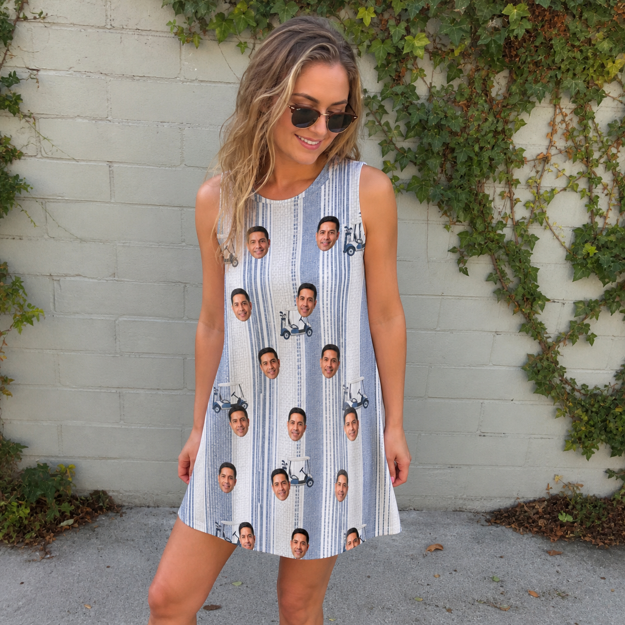 Real-life photo of someone wearing Women's Foreward Motion Custom Face Tank Dress — custom faces printed all-over
