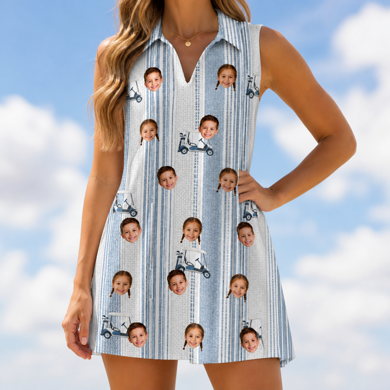 Model wearing Women's Foreward Motion Custom Face V-Neck Dress printed with kids' faces