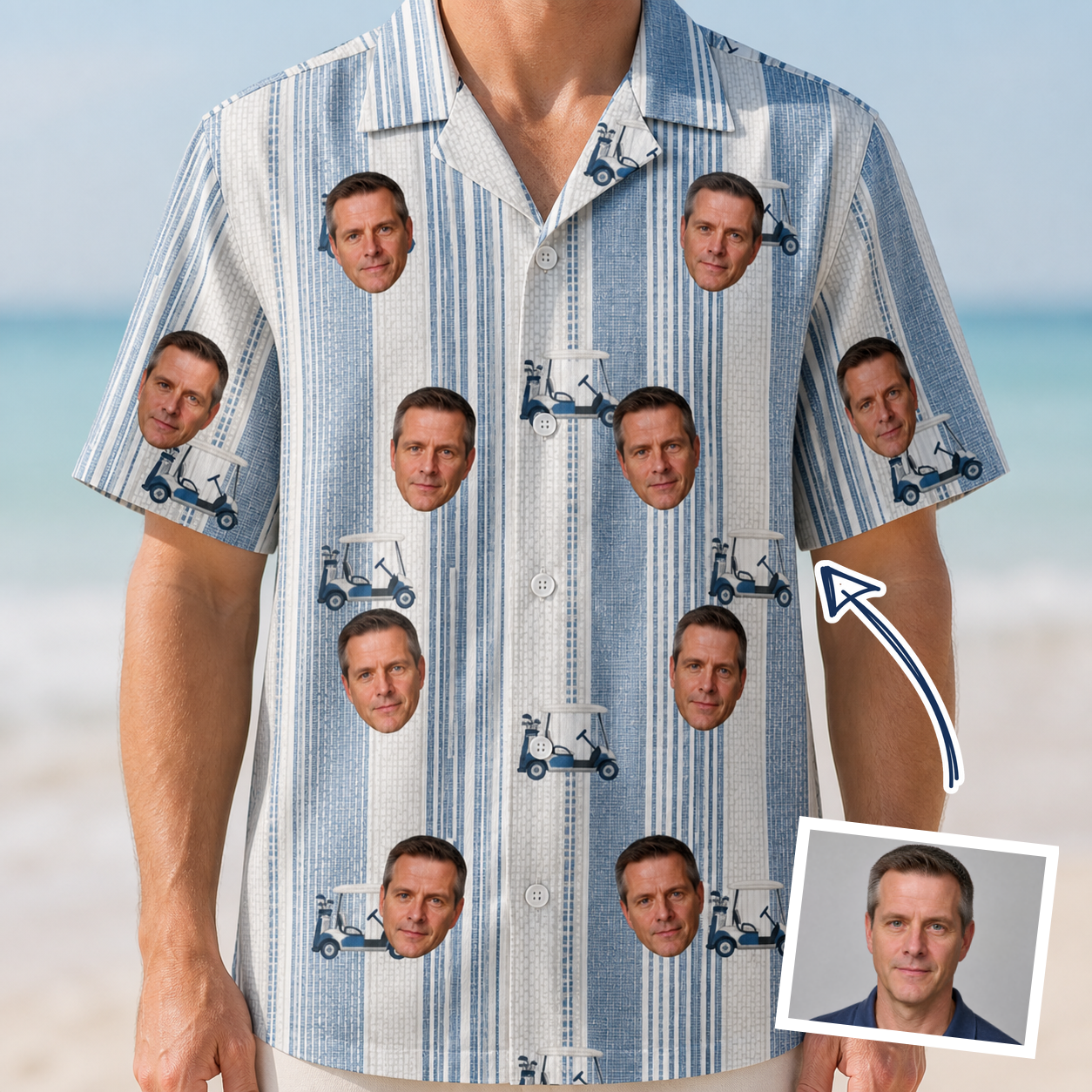 Man wearing Men's Foreward Motion Custom Face Hawaiian Shirt — custom faces printed all-over