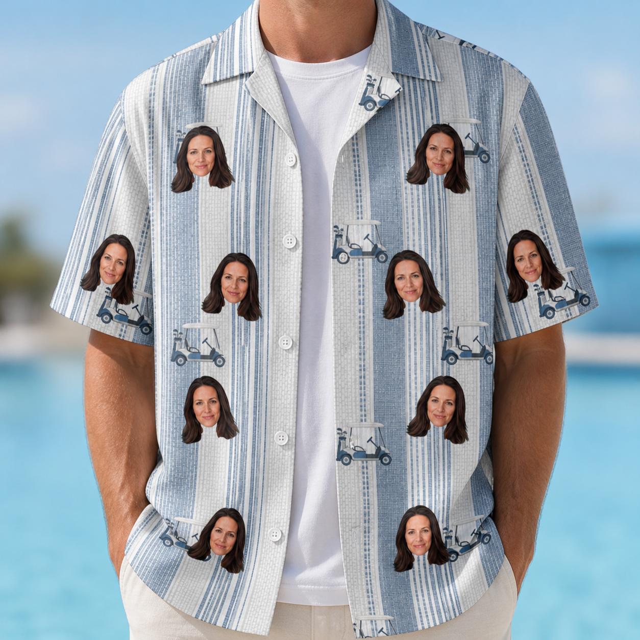 Man wearing Men's Foreward Motion Custom Face Hawaiian Shirt open over a white tee