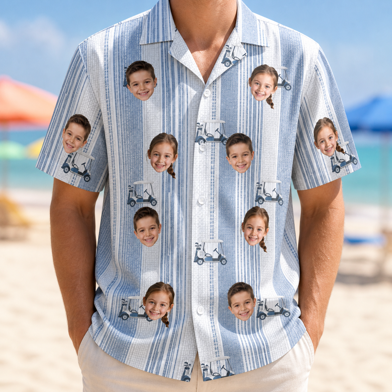 Model wearing Men's Foreward Motion Custom Face Hawaiian Shirt printed with kids' faces