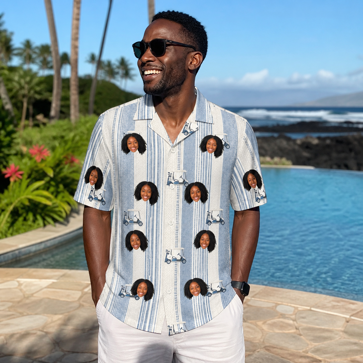 Real-life photo of someone wearing Men's Foreward Motion Custom Face Hawaiian Shirt — custom faces printed all-over