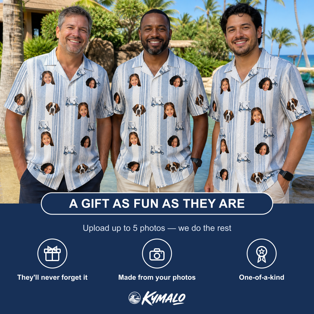 Friends in matching Men's Foreward Motion Custom Face Hawaiian Shirt — a group gift photo