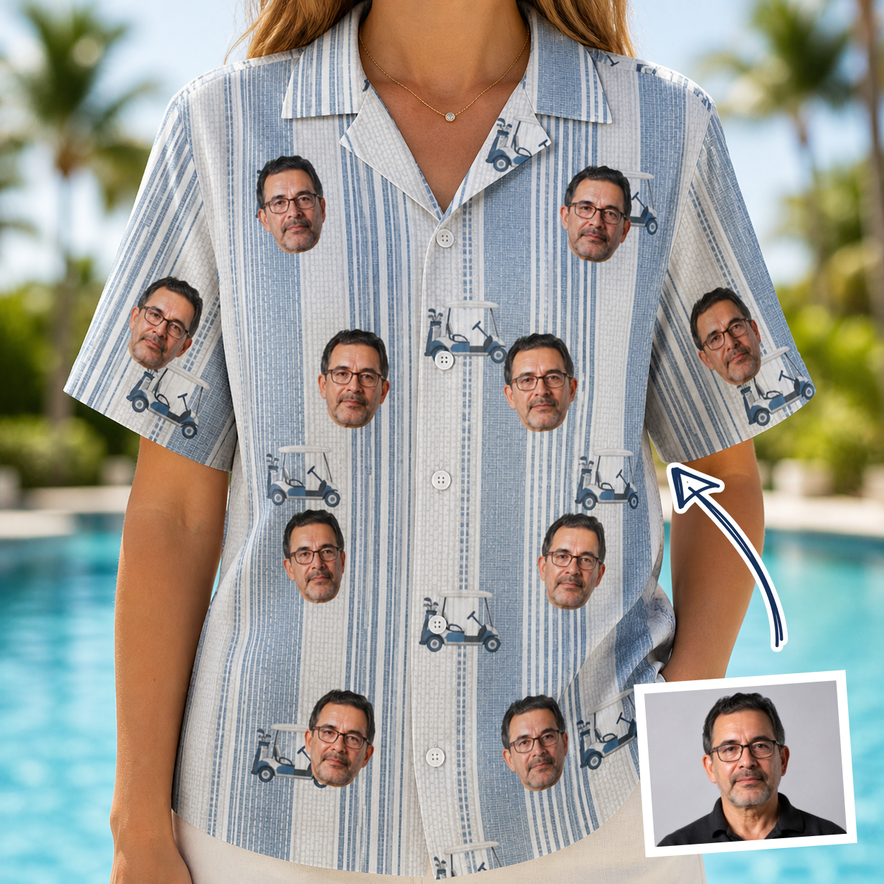 Woman wearing Women's Foreward Motion Custom Face Hawaiian Shirt — custom faces printed all-over