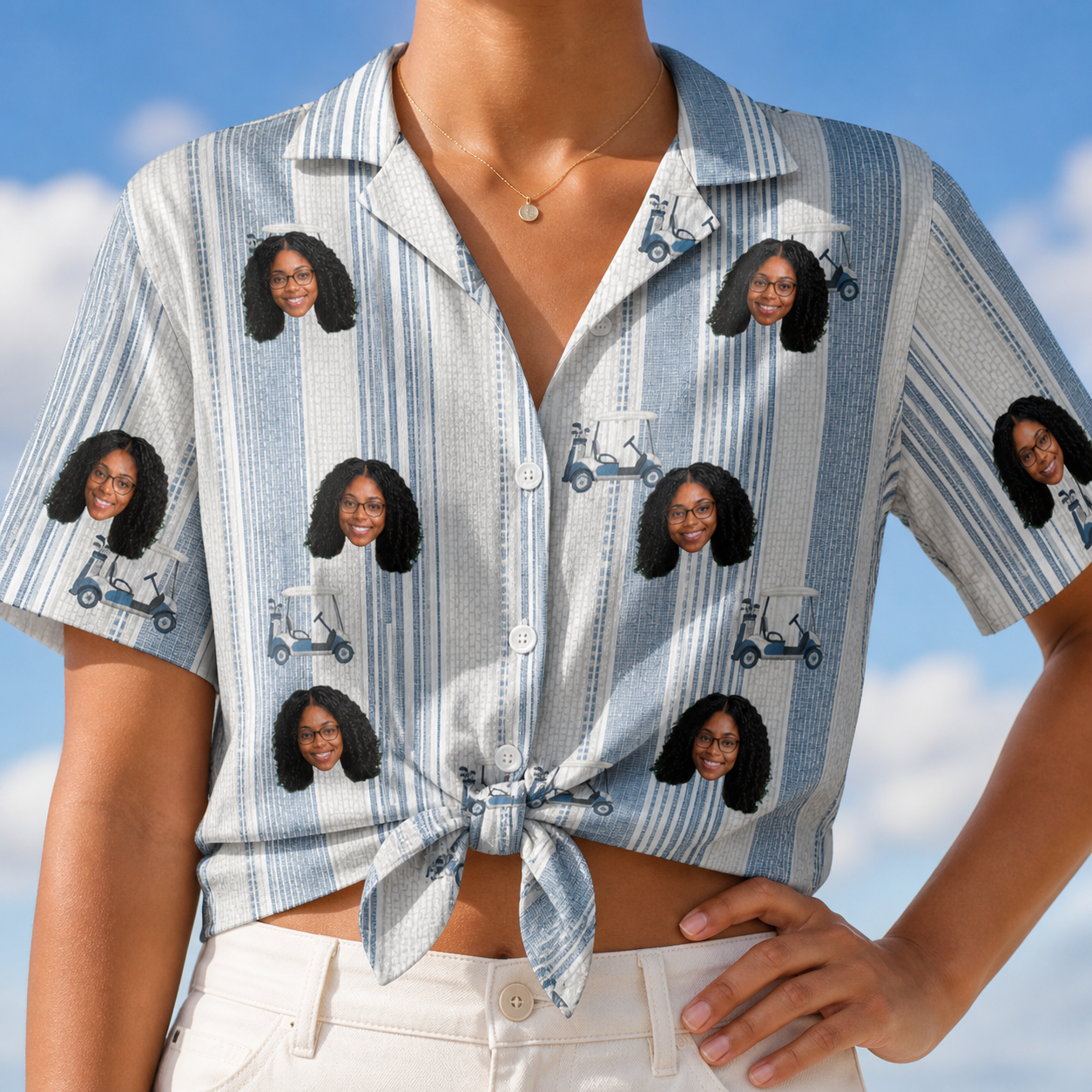 Woman wearing Women's Foreward Motion Custom Face Hawaiian Shirt tied at the waist