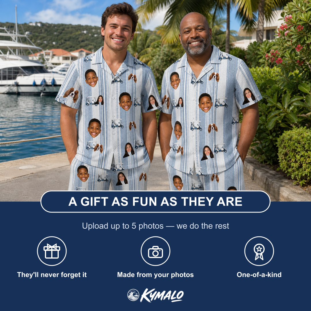 Friends in matching Men's Foreward Motion Custom Face Shirt & Shorts Set — a group gift photo