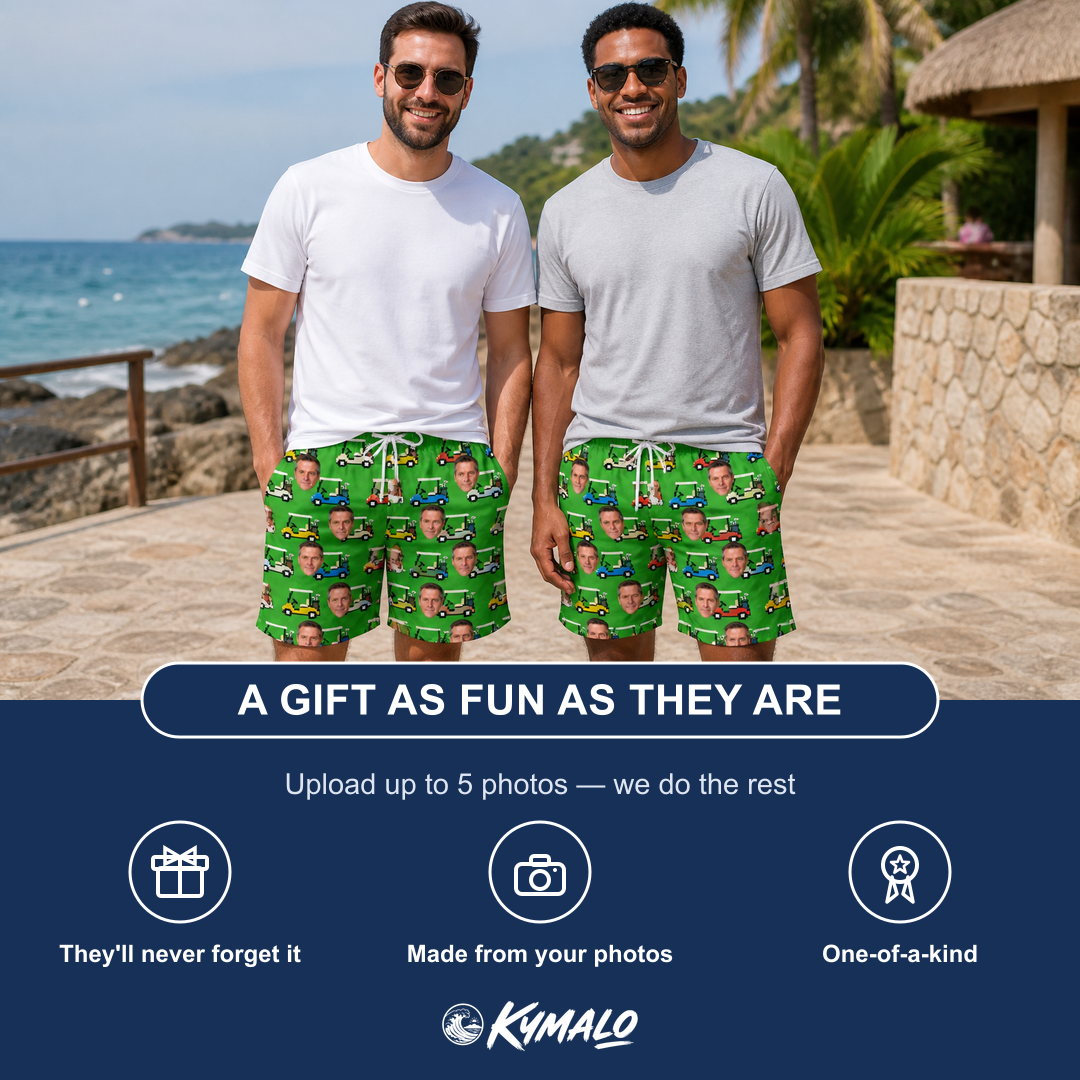 Friends in matching Men's Course Cruisers Custom Face Beach Shorts — a group gift photo