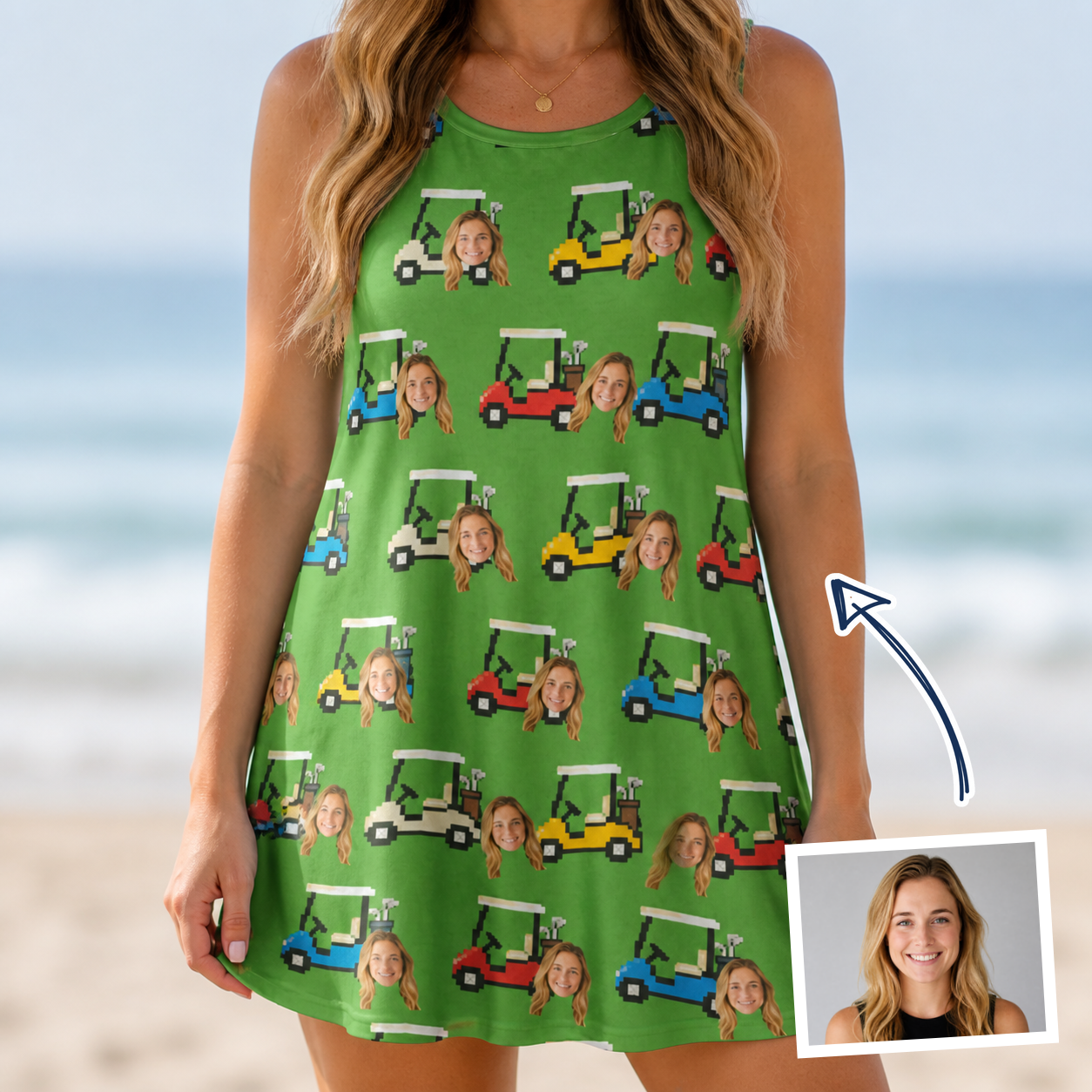 Woman wearing Women's Course Cruisers Custom Face Tank Dress — custom faces printed all-over