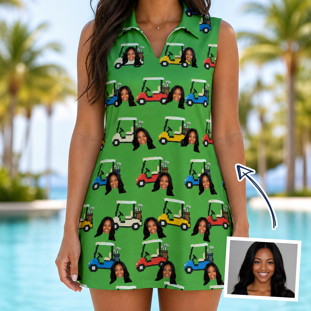 Woman wearing Women's Course Cruisers Custom Face V-Neck Dress — custom faces printed all-over