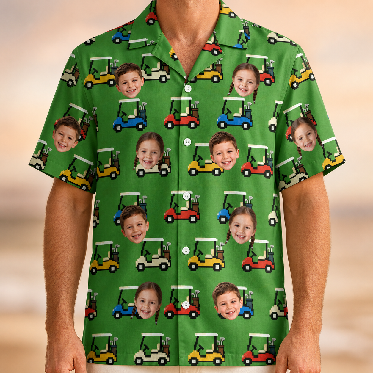 Model wearing Men's Course Cruisers Custom Face Hawaiian Shirt printed with kids' faces