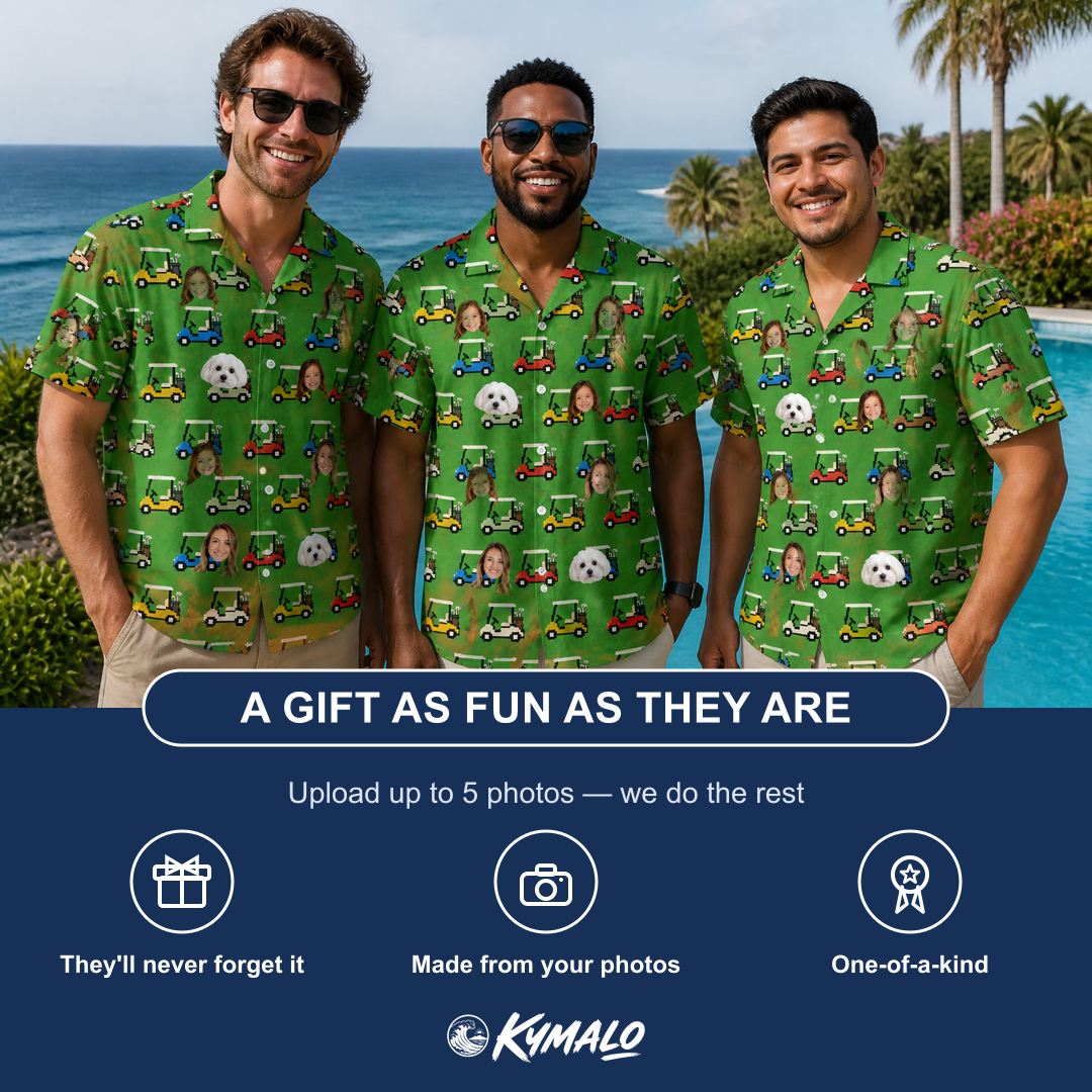 Friends in matching Men's Course Cruisers Custom Face Hawaiian Shirt — a group gift photo
