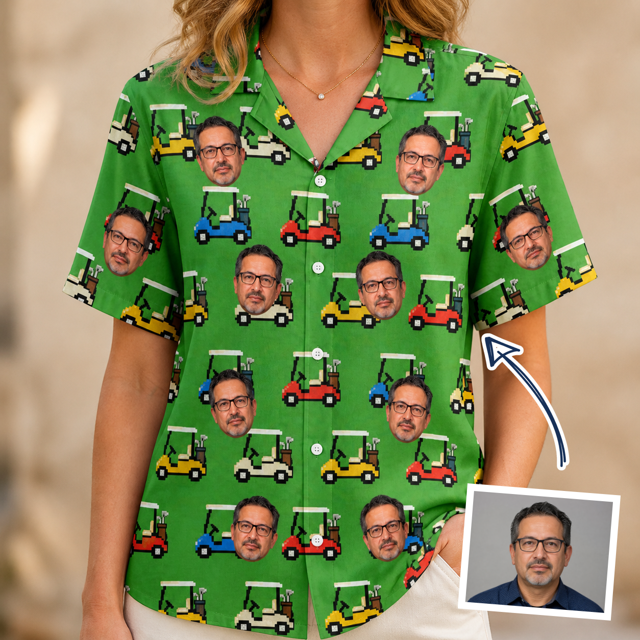 Woman wearing Women's Course Cruisers Custom Face Hawaiian Shirt — custom faces printed all-over