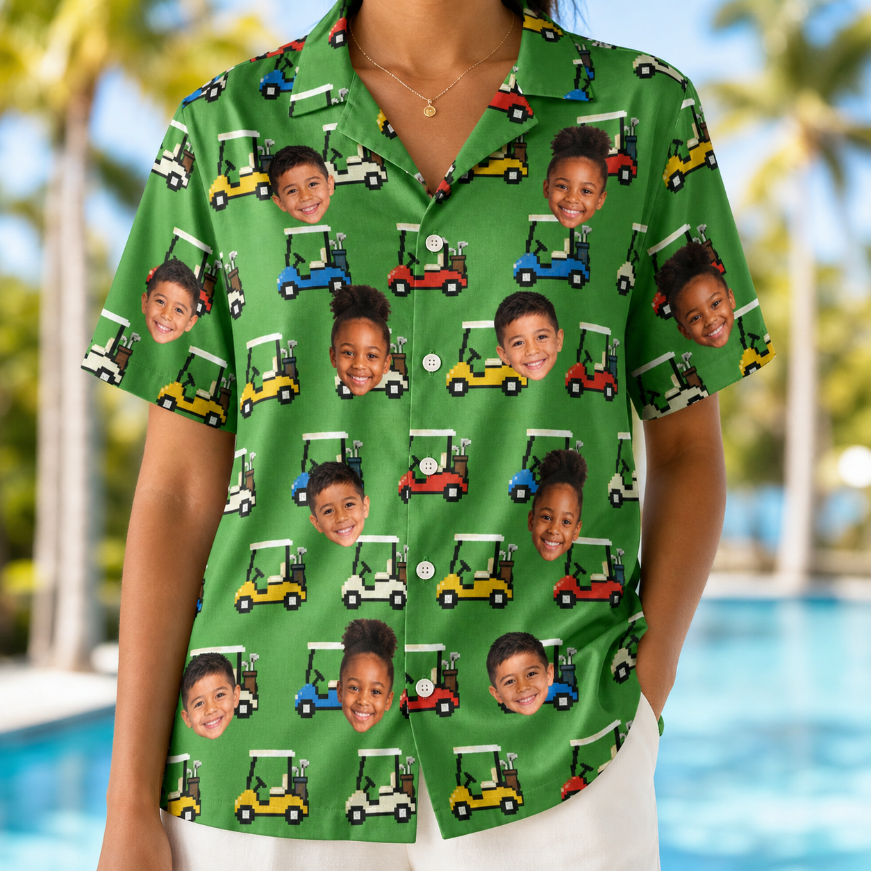 Model wearing Women's Course Cruisers Custom Face Hawaiian Shirt printed with kids' faces