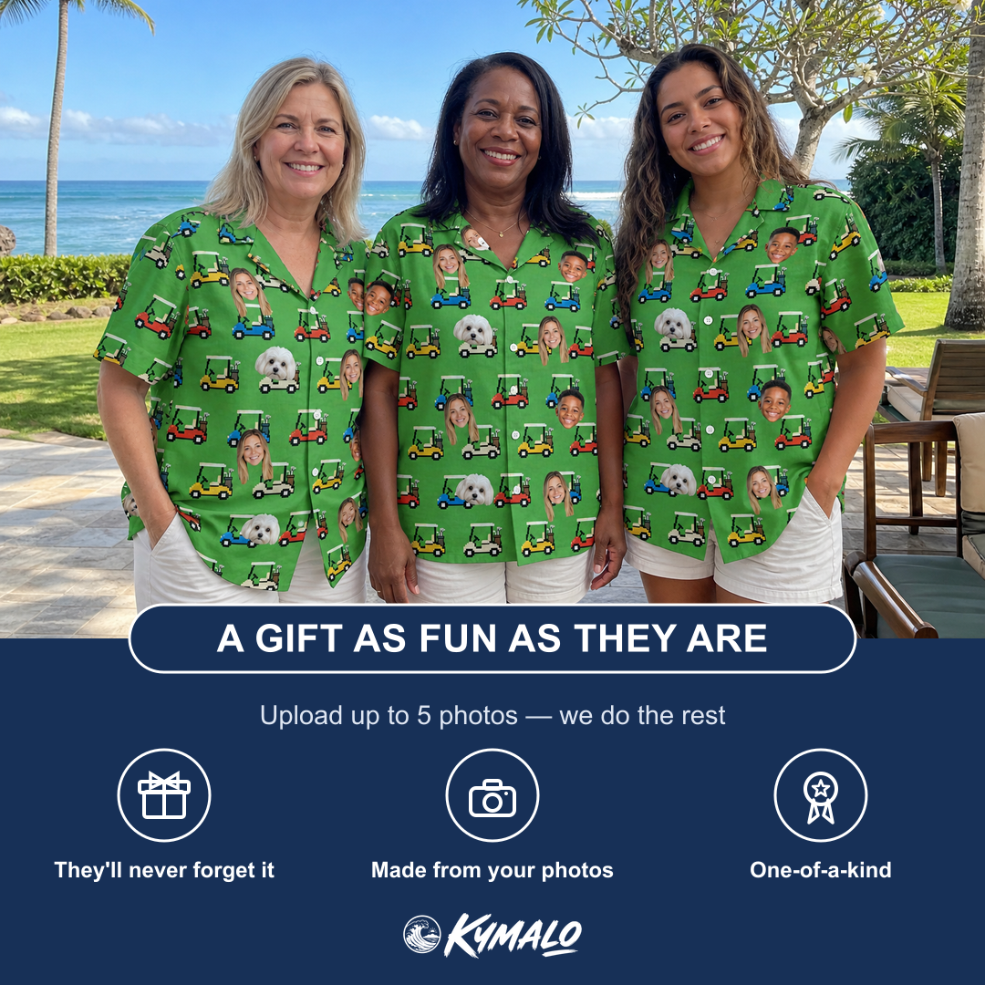 Friends in matching Women's Course Cruisers Custom Face Hawaiian Shirt — a group gift photo