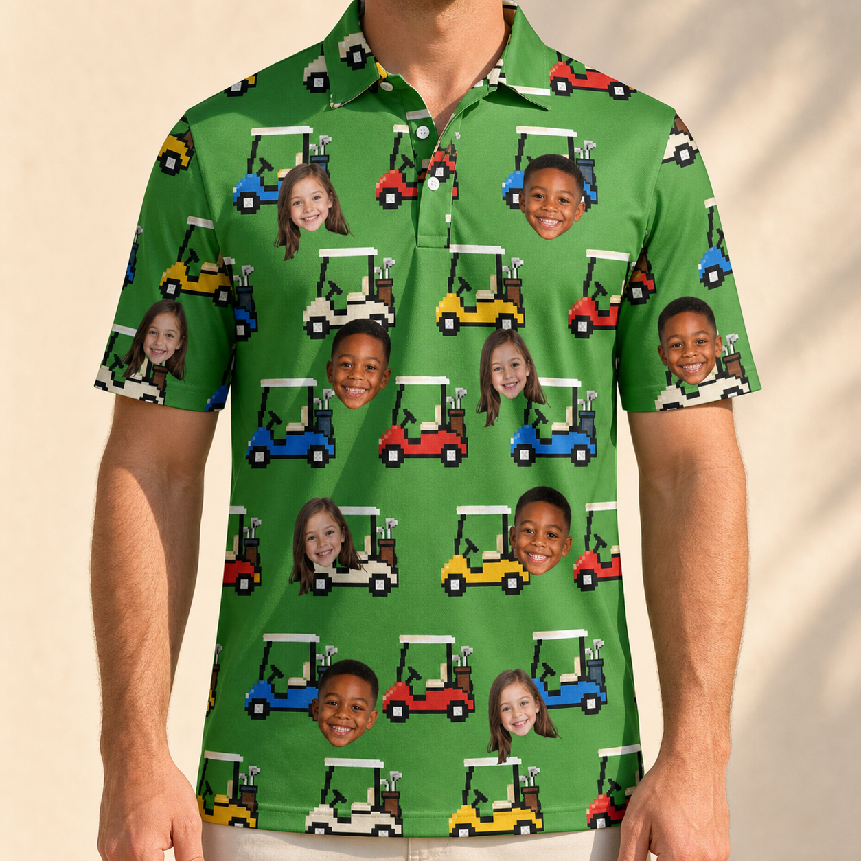 Model wearing Men's Course Cruisers Custom Face Polo Shirt printed with kids' faces