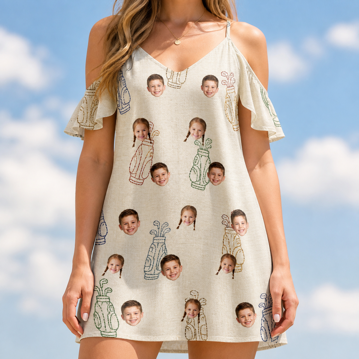 Model wearing Women's Links Luggage Custom Face Off-Shoulder Dress printed with kids' faces