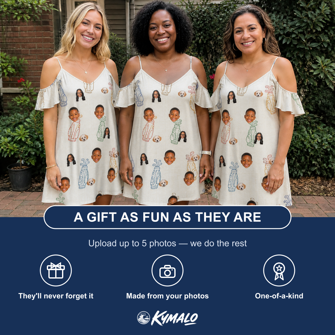Friends in matching Women's Links Luggage Custom Face Off-Shoulder Dress — a group gift photo