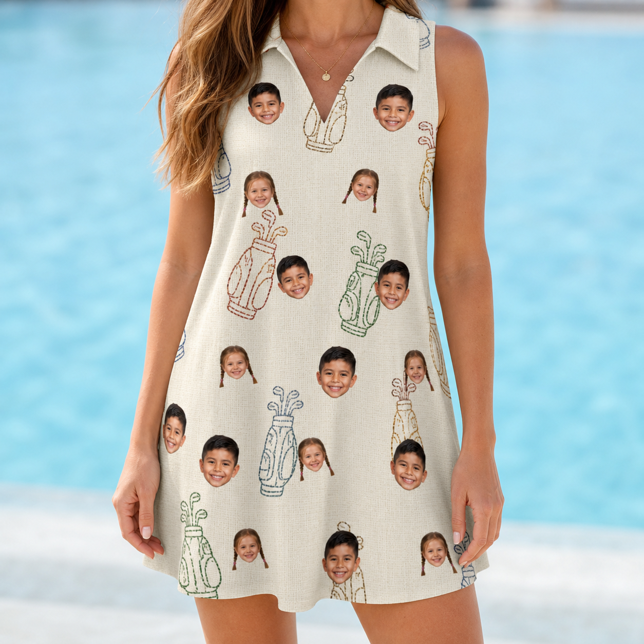 Model wearing Women's Links Luggage Custom Face V-Neck Dress printed with kids' faces
