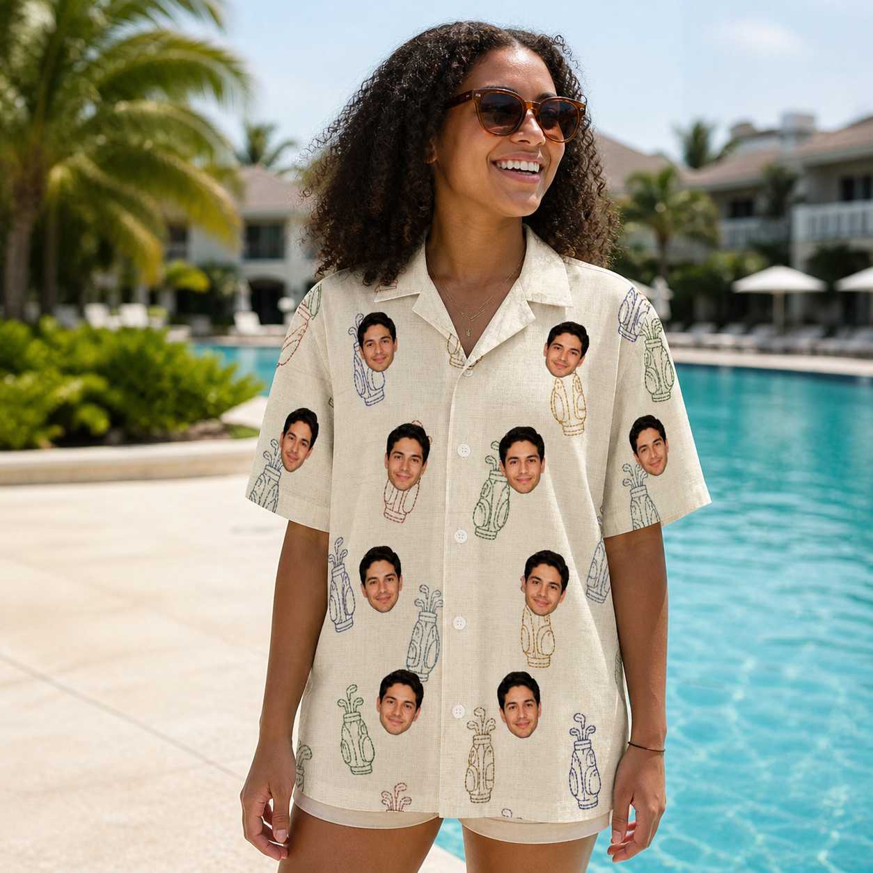 Real-life photo of someone wearing Women's Links Luggage Custom Face Hawaiian Shirt — custom faces printed all-over