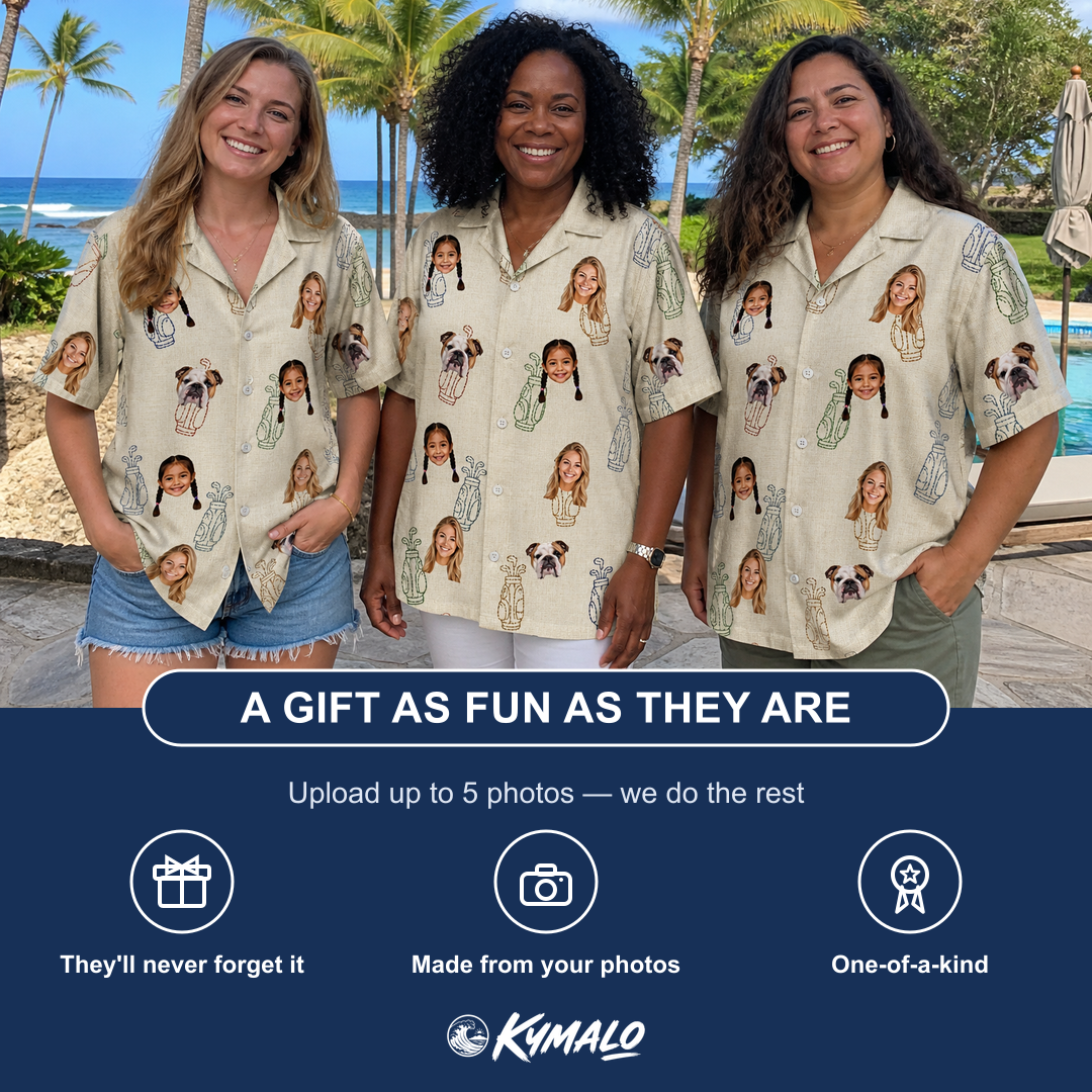 Friends in matching Women's Links Luggage Custom Face Hawaiian Shirt — a group gift photo