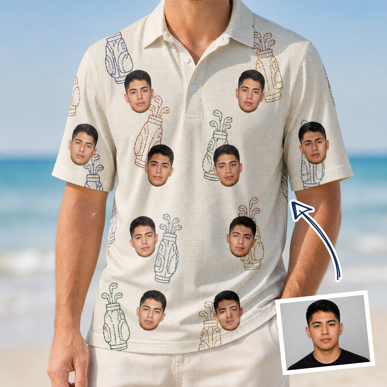 Man wearing Men's Links Luggage Custom Face Polo Shirt — custom faces printed all-over