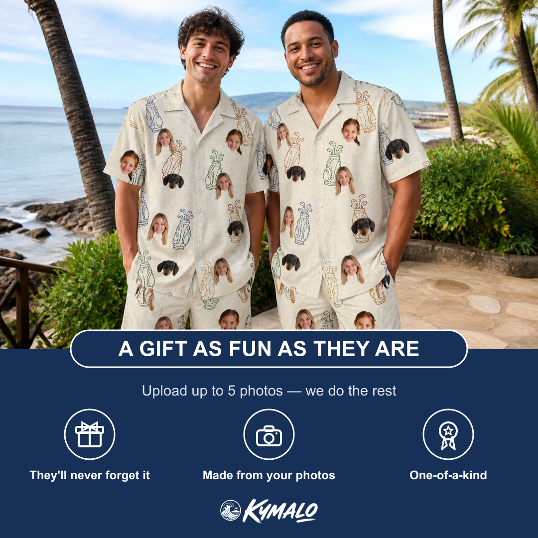 Friends in matching Men's Links Luggage Custom Face Shirt & Shorts Set — a group gift photo
