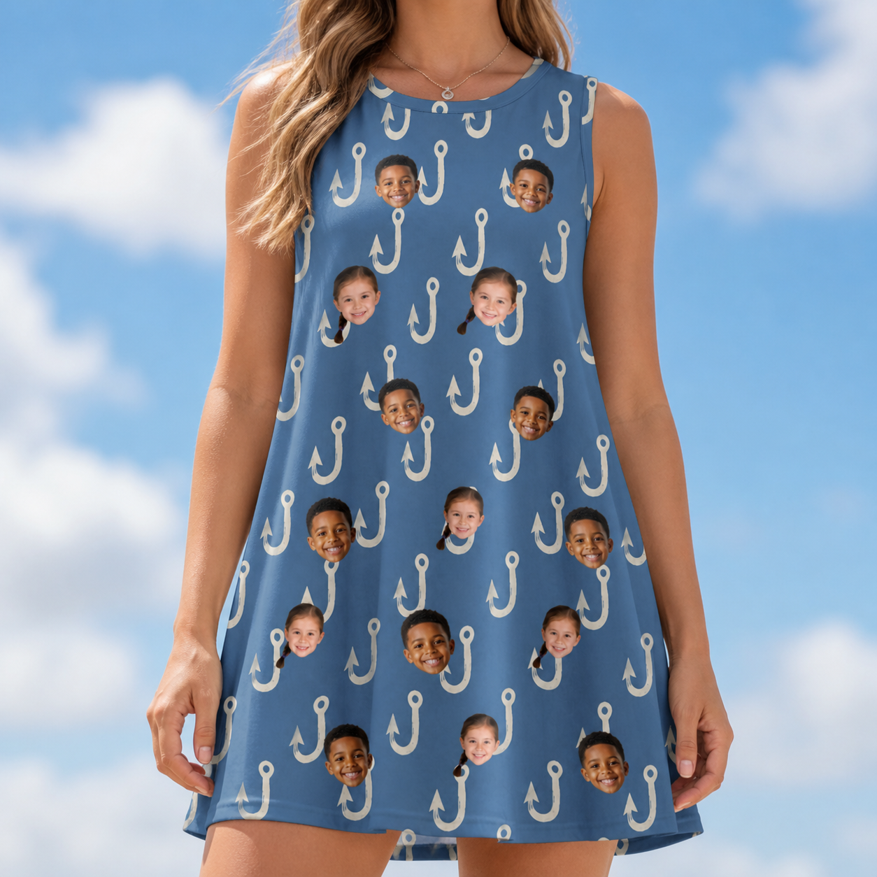 Model wearing Women's Treble Trouble Custom Face Tank Dress printed with kids' faces
