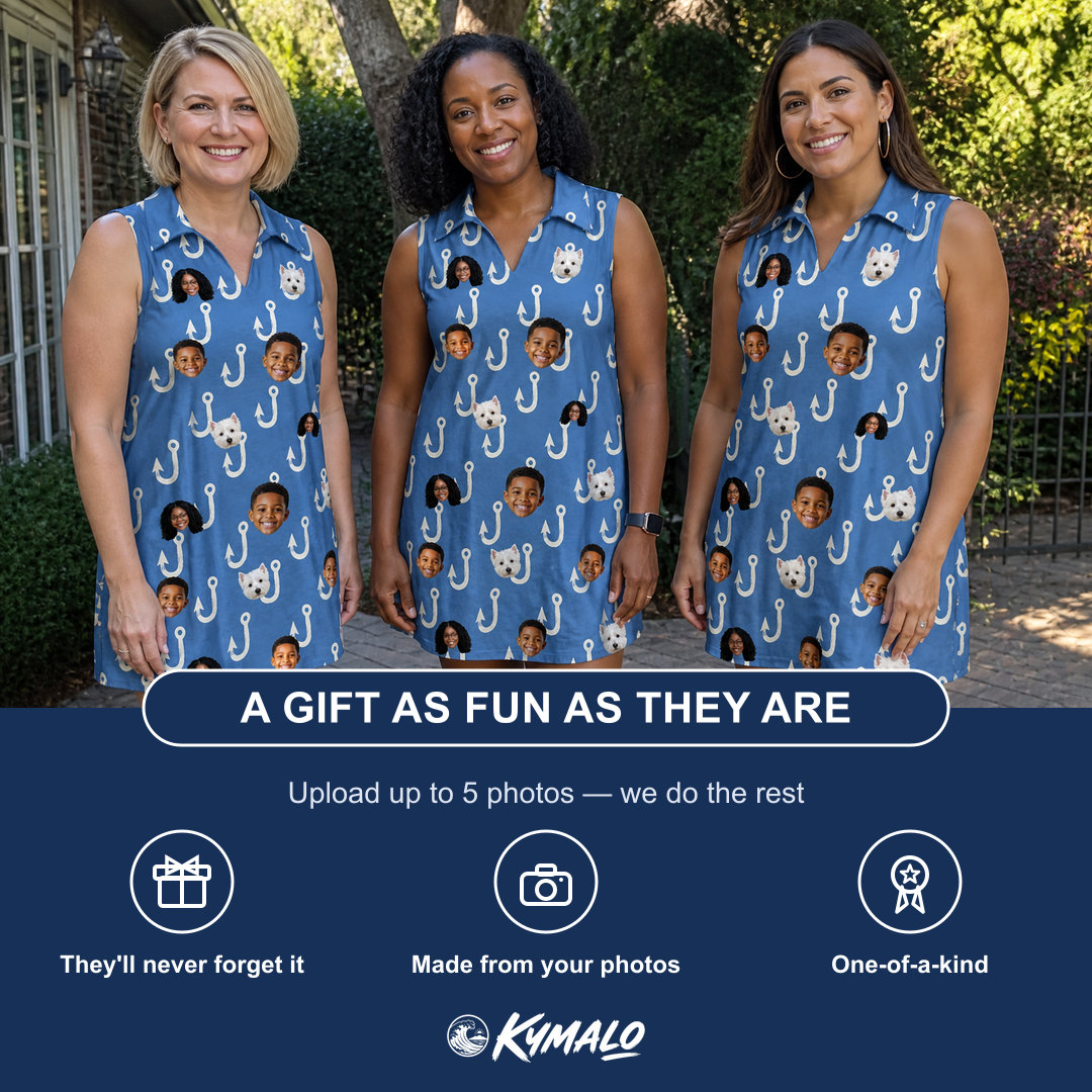 Friends in matching Women's Treble Trouble Custom Face V-Neck Dress — a group gift photo