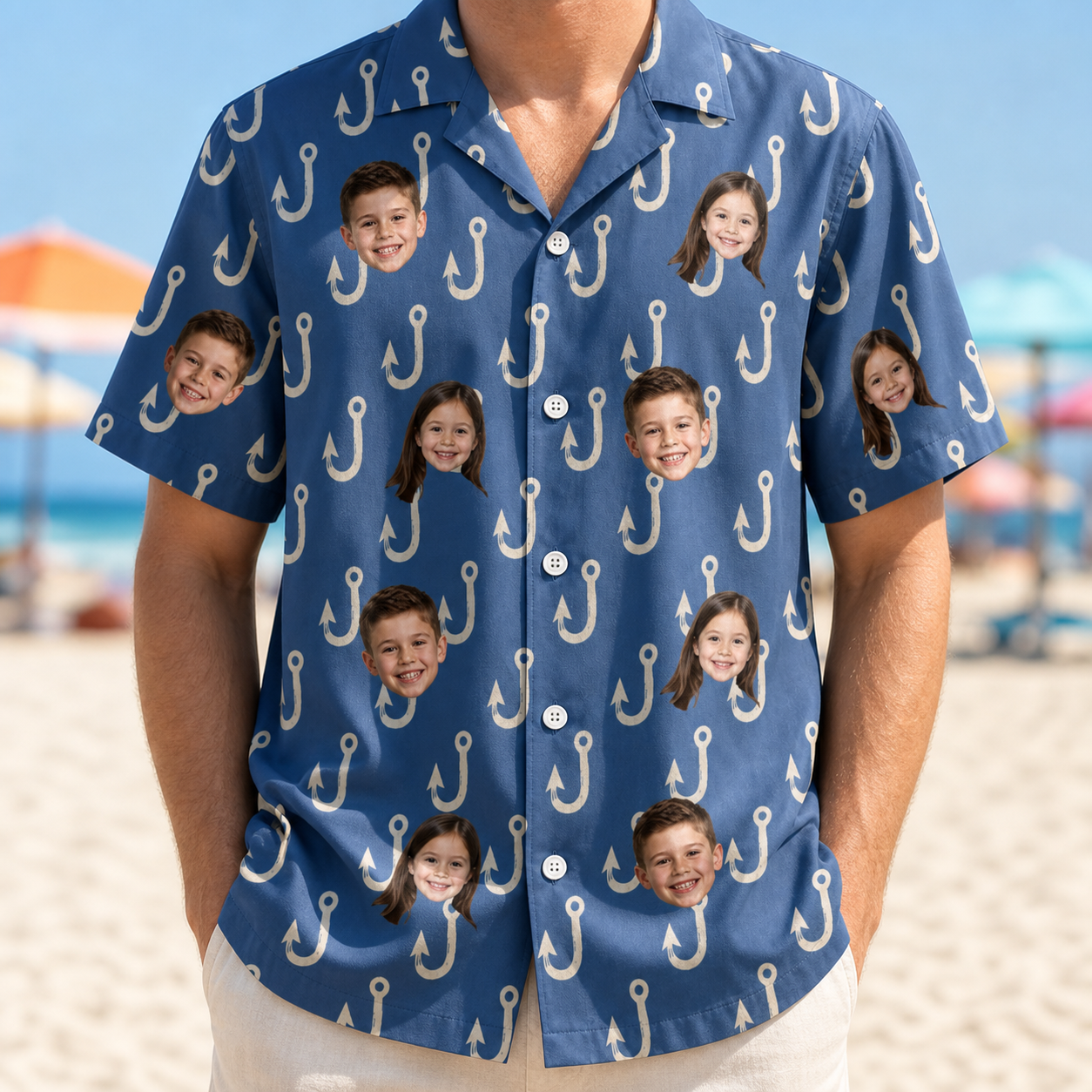 Model wearing Men's Treble Trouble Custom Face Hawaiian Shirt printed with kids' faces