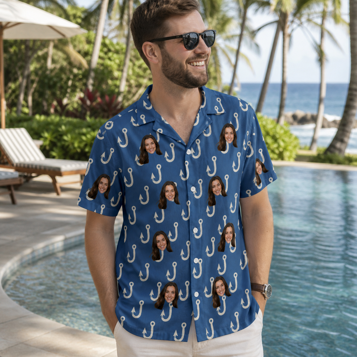 Real-life photo of someone wearing Men's Treble Trouble Custom Face Hawaiian Shirt — custom faces printed all-over