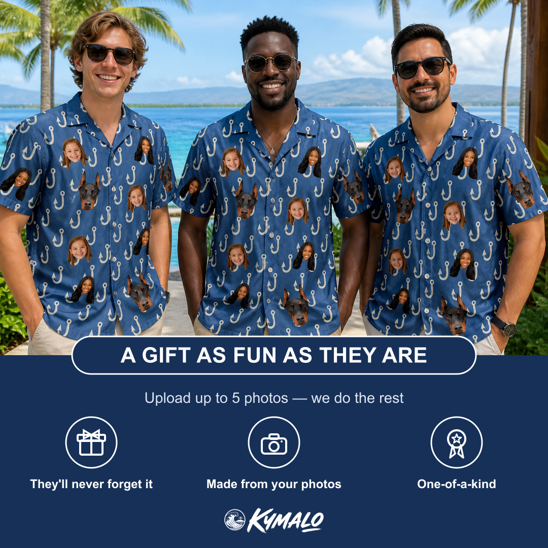 Friends in matching Men's Treble Trouble Custom Face Hawaiian Shirt — a group gift photo