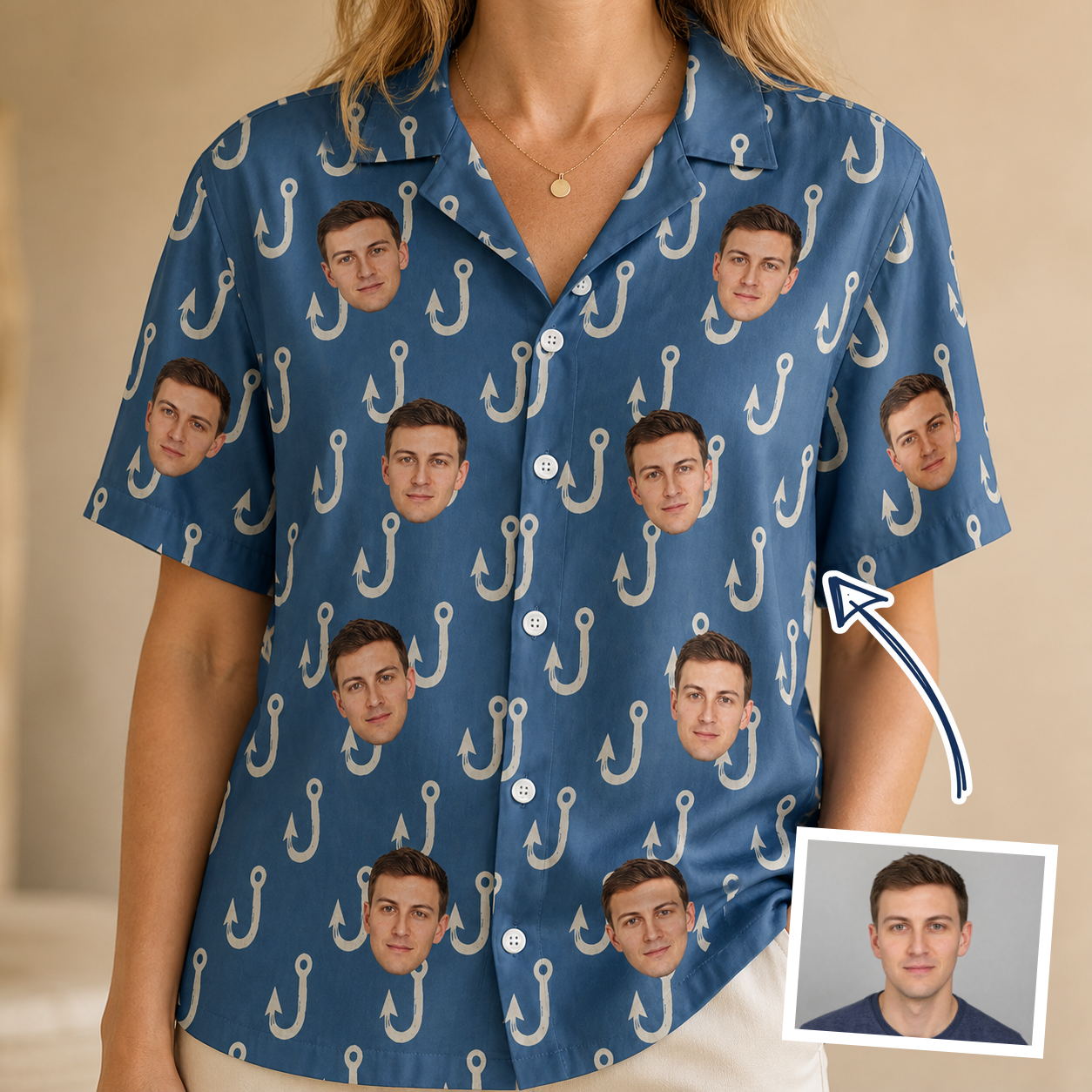 Woman wearing Women's Treble Trouble Custom Face Hawaiian Shirt — custom faces printed all-over